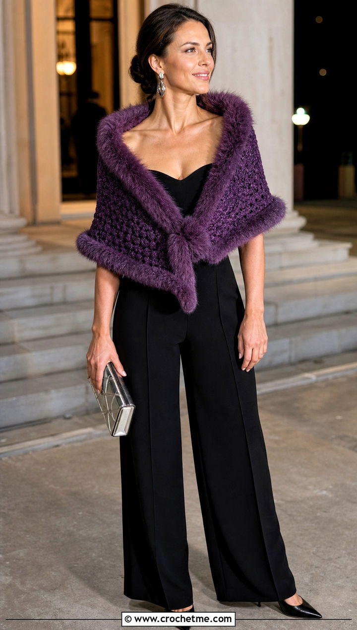 Faux Fur Trimmed Moss Stitch Crochet Scarf With Evening Jumpsuit - 25 Moss Stitch Crochet Scarf outfit ideas