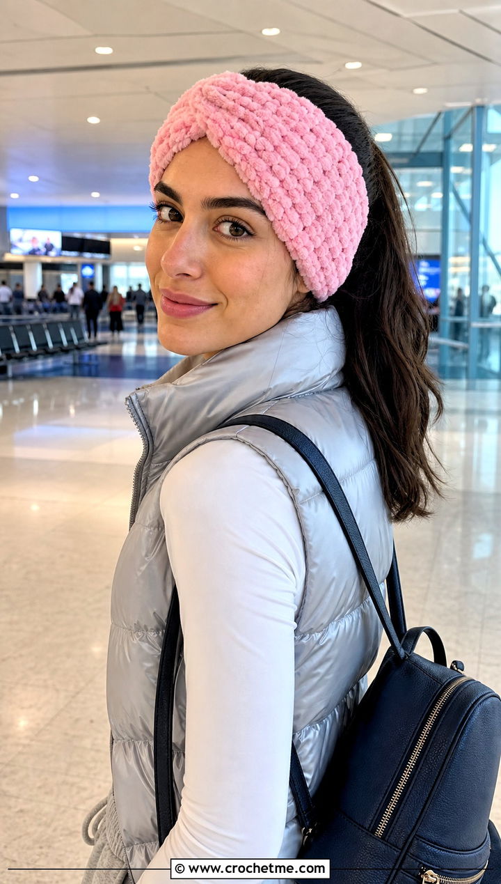 Faux Fur Yarn Chunky Crochet Ear Warmer With Puffer Vest - 30 chunky crochet ear warmer outfit ideas