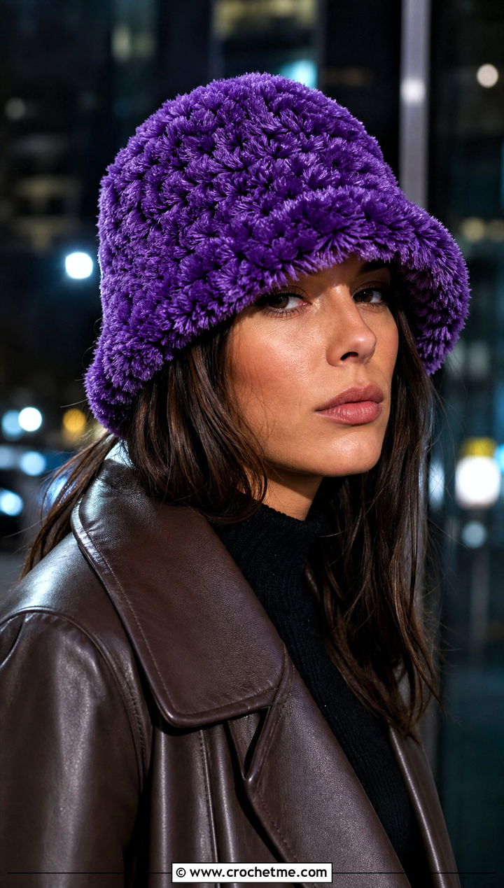 Faux Fur Yarn Crochet Bucket Hat With Leather Coat - 35 crochet winter bucket hat outfit ideas