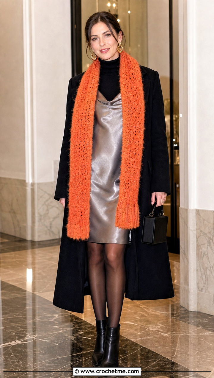 Faux Fur Yarn Crochet Scarf With Slip Dress - 35 Winter Crochet Scarfs For Women outfit ideas