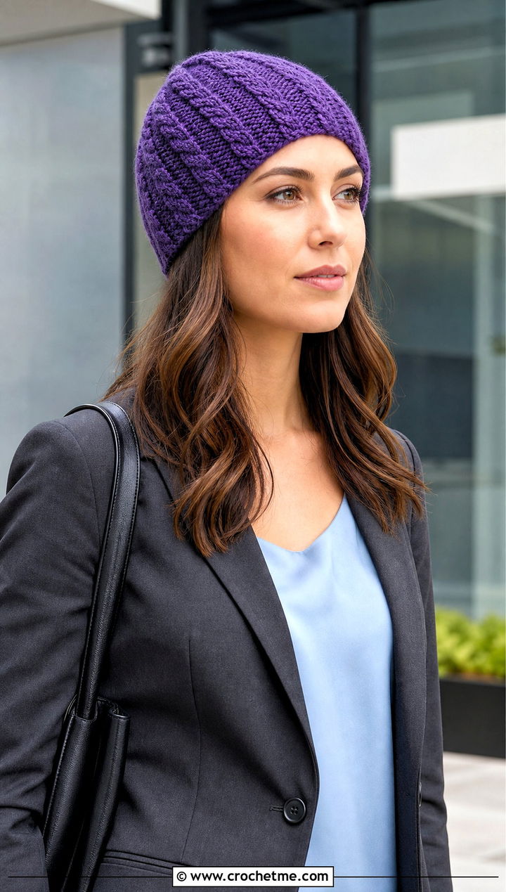 Faux Knit Cable Crochet Hat With Office Blazer - 25 Cable Knit Crochet Hat outfit ideas