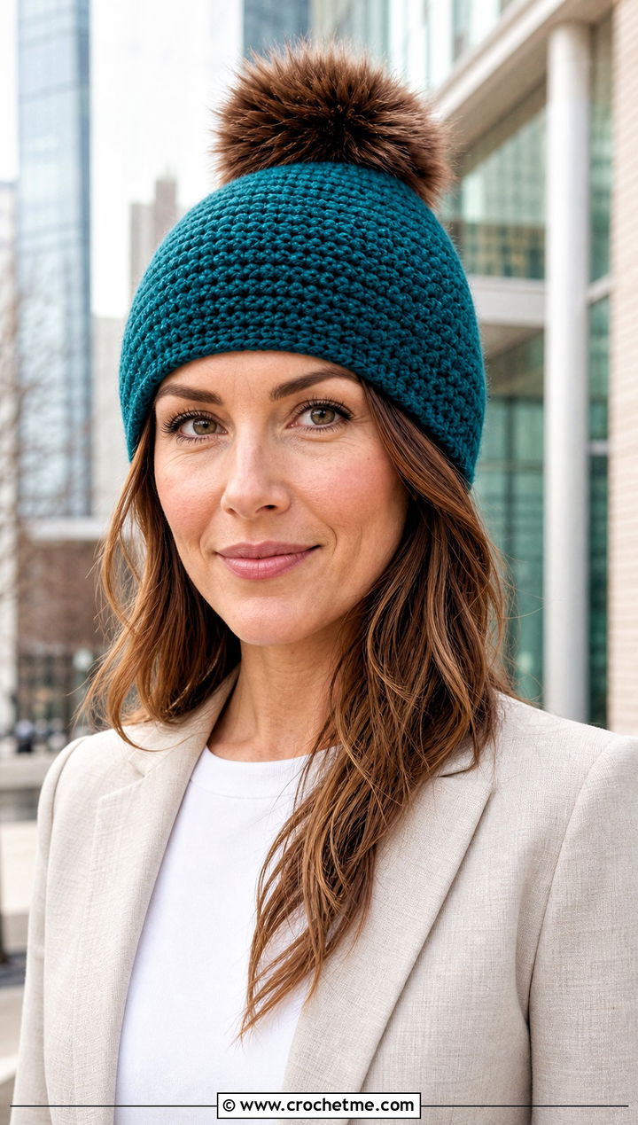 Faux Knit Crochet Beanie With Blazer And Wide Leg Pants - 15 Crochet Hat With Fur Pom Pom outfit ideas