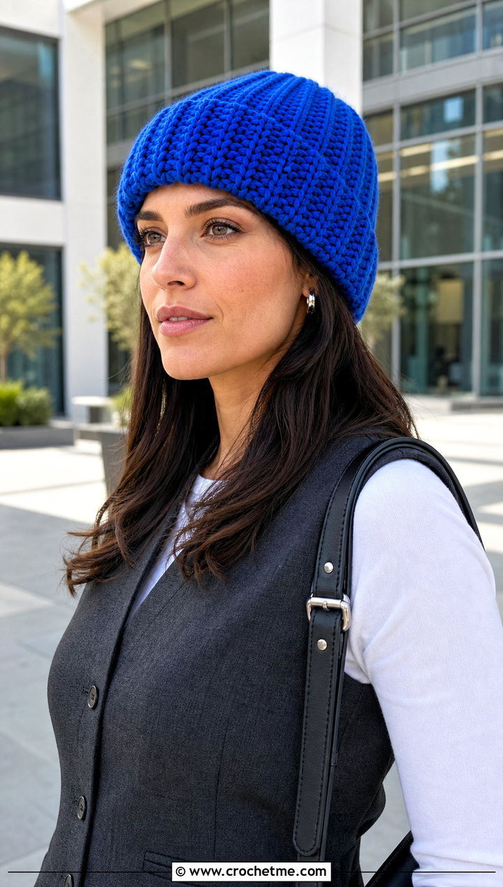 Faux Knit Crochet Beanie With Tailored Vest - 15 crochet beany hat outfit ideas