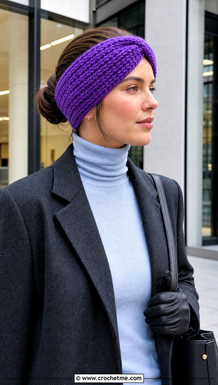 Faux Knit Crochet Ear Warmer With Blazer And Tailored Trousers - 15 Easy Crochet Headband Ear Warmers outfit ideas