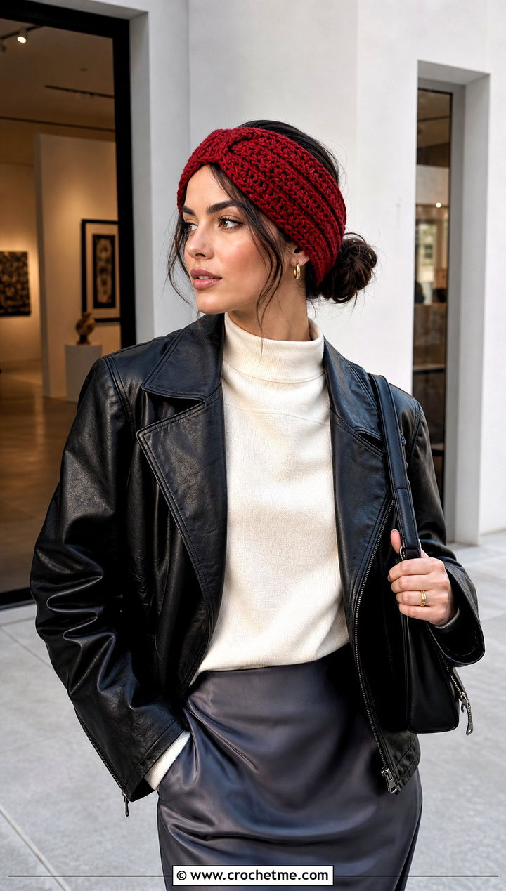 Faux Knit Crochet Ear Warmer With Leather Jacket And Midi Skirt - 30 crochet ear warmer headband outfit ideas