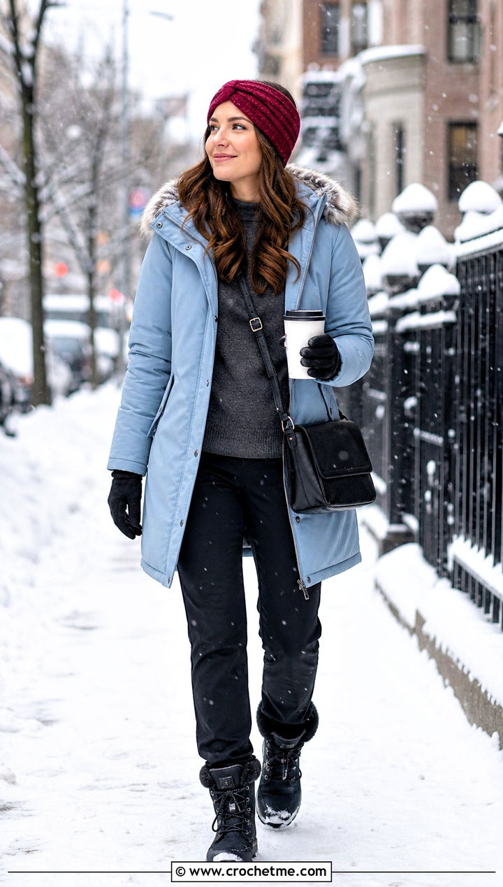 Faux Knit Crochet Ear Warmer With Parka And Snow Boots - 35 simple crochet headband outfit ideas
