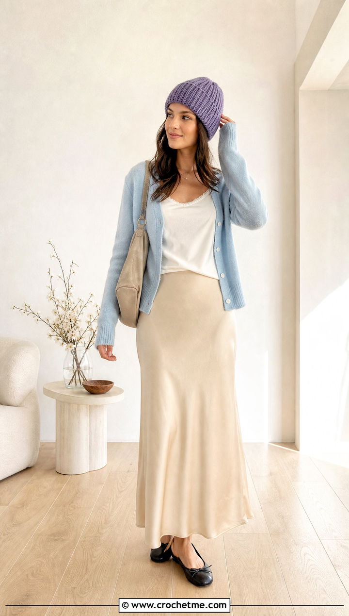 Faux Knit Crochet Ribbed Beanie With Cardigan And Slip Skirt - 35 crochet ribbed beanie outfit ideas