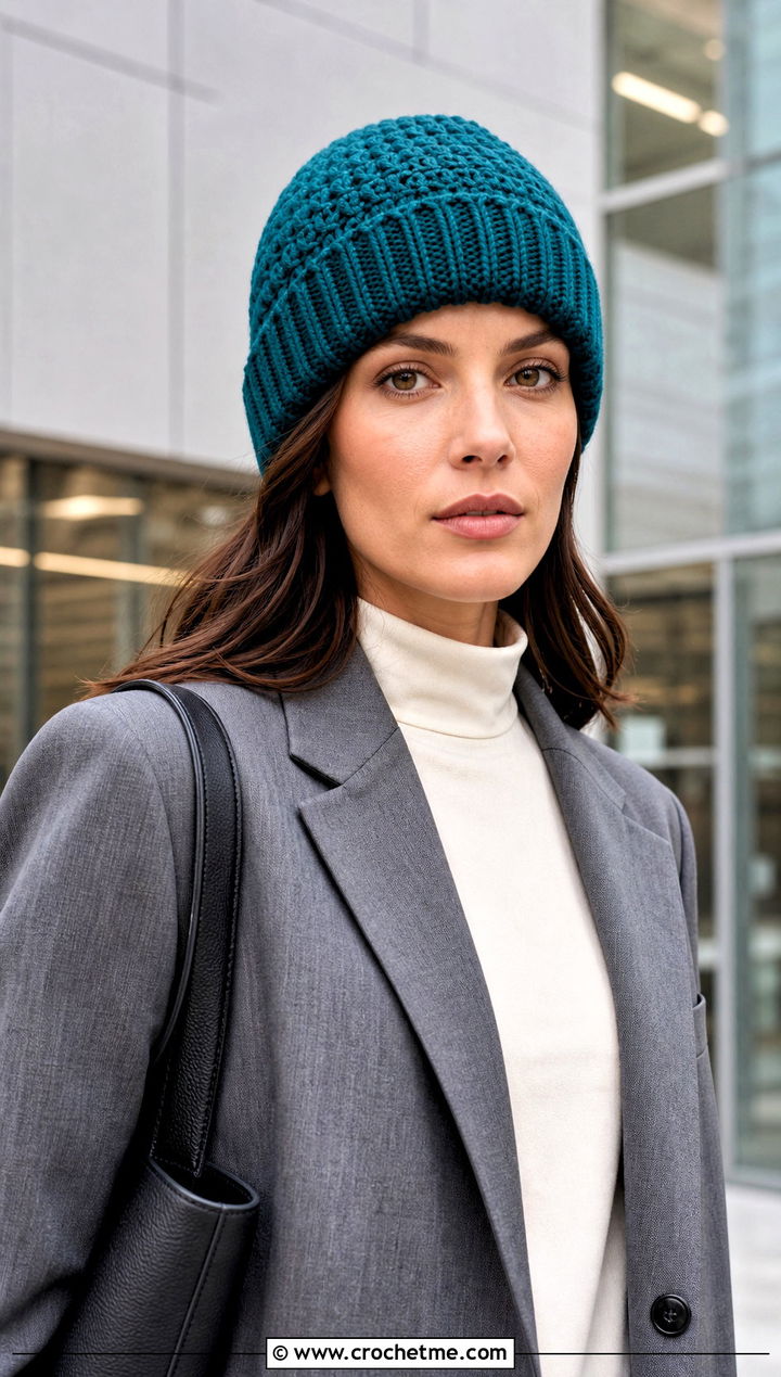 Faux Knit Highland Crochet Beanie With Blazer And Trousers - 15 highland crochet beanie outfit ideas