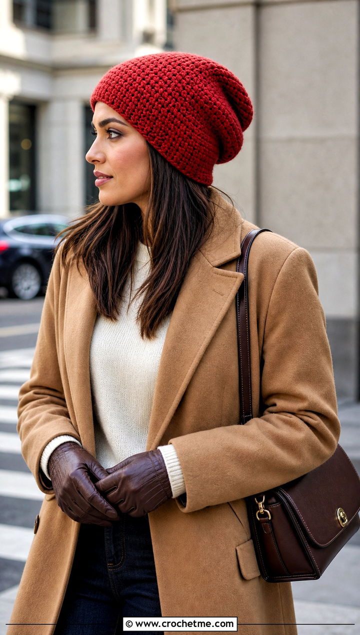 Faux Knit Oversized Crochet Beanie With Camel Coat - 15 Oversized Crochet Beanie outfit ideas