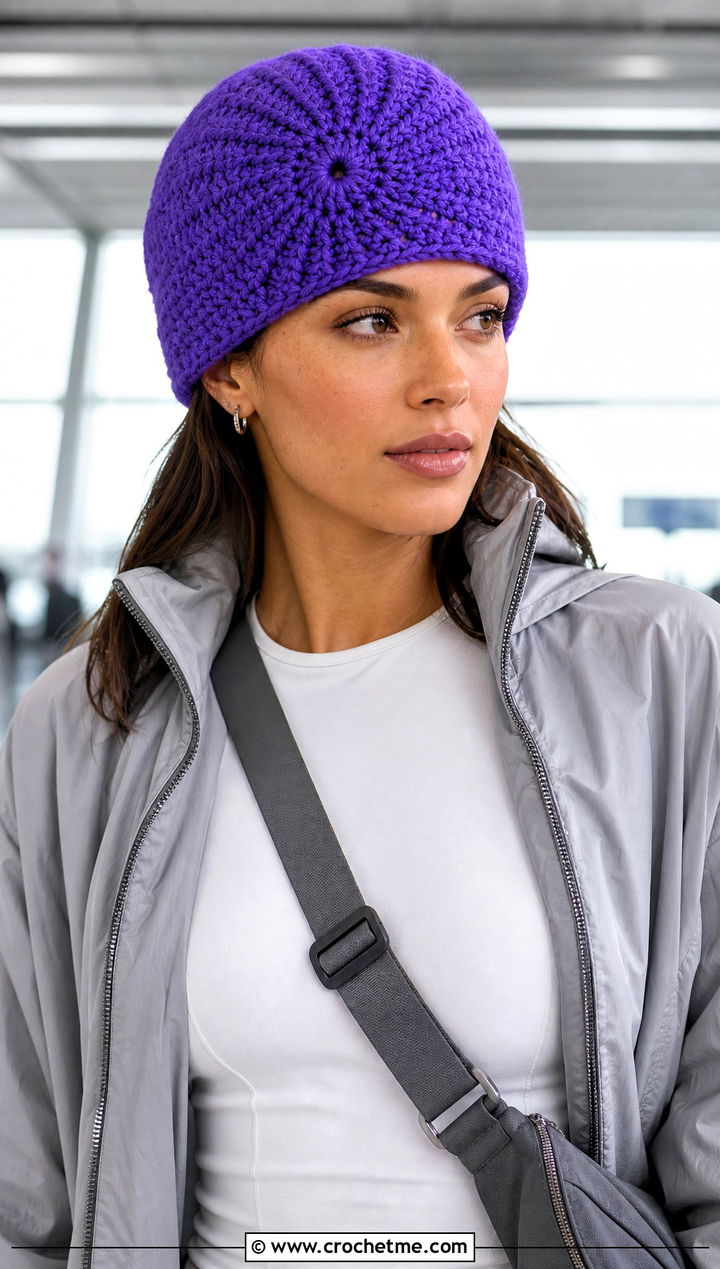 Faux Knit Pinwheel Beanie With Tracksuit - 15 crochet vintage swirl hat outfit ideas