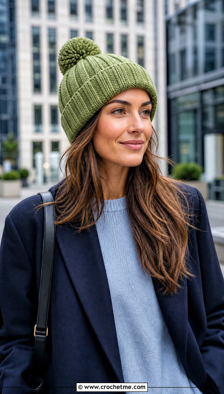 Faux Knit Pom Pom Beanie With Blazer And Trousers - 30 crochet beanie with pom pom outfit ideas