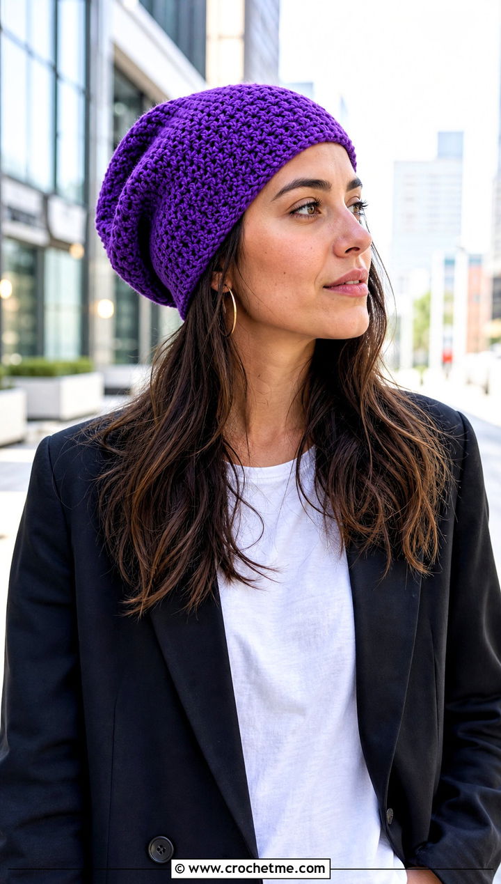 Faux Knit Slouch Crochet Beanie With Blazer - 30 slouch crochet beanie outfit ideas