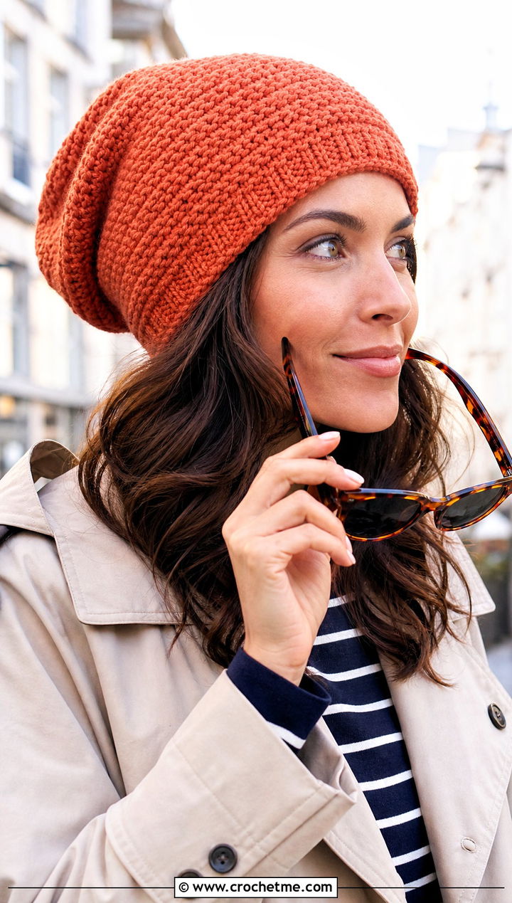 Faux Knit Slouchy Crochet Beanie With Trench Coat - 25 Easy Slouchy Crochet Beanie outfit ideas