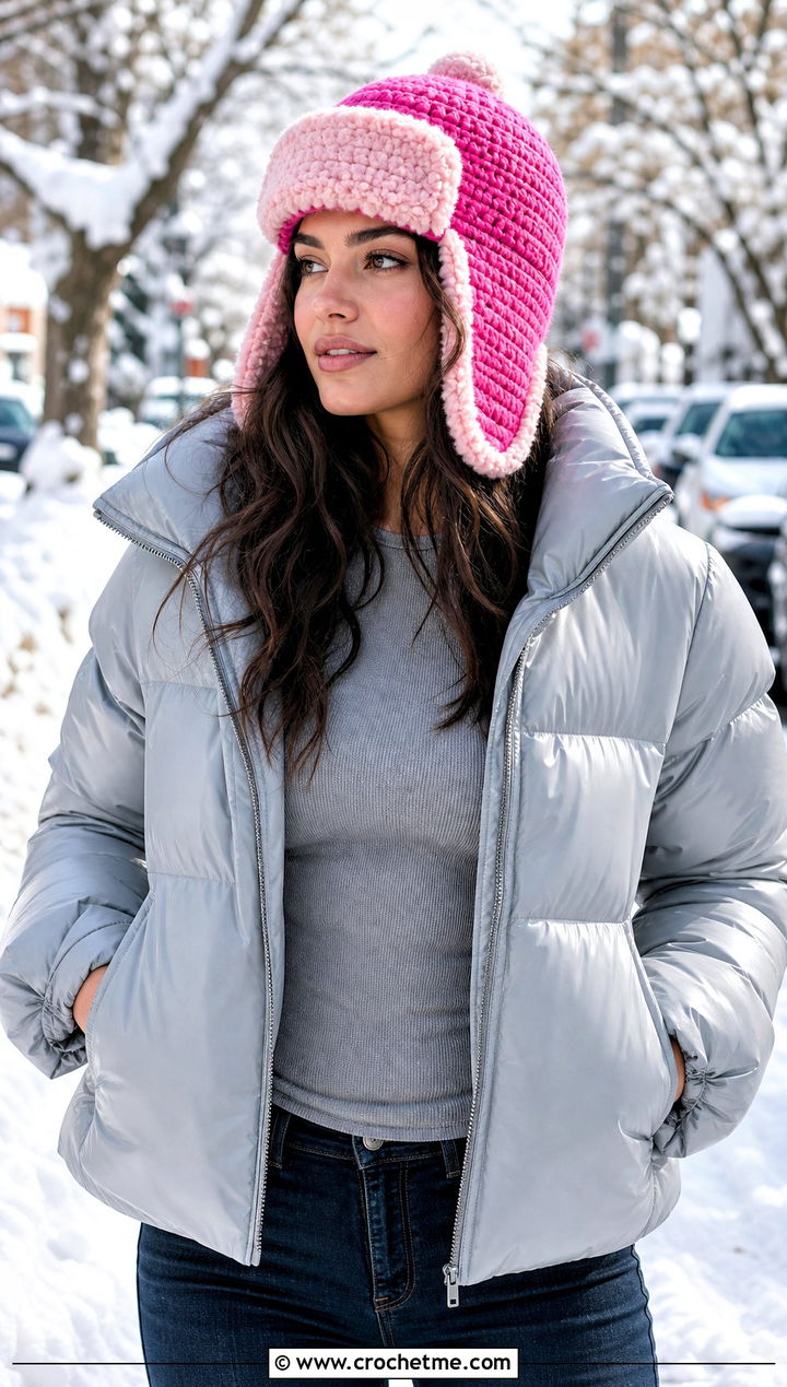 Faux Shearling Crochet Aviator Hat With Puffer Coat - 30 crochet aviator hat outfit ideas