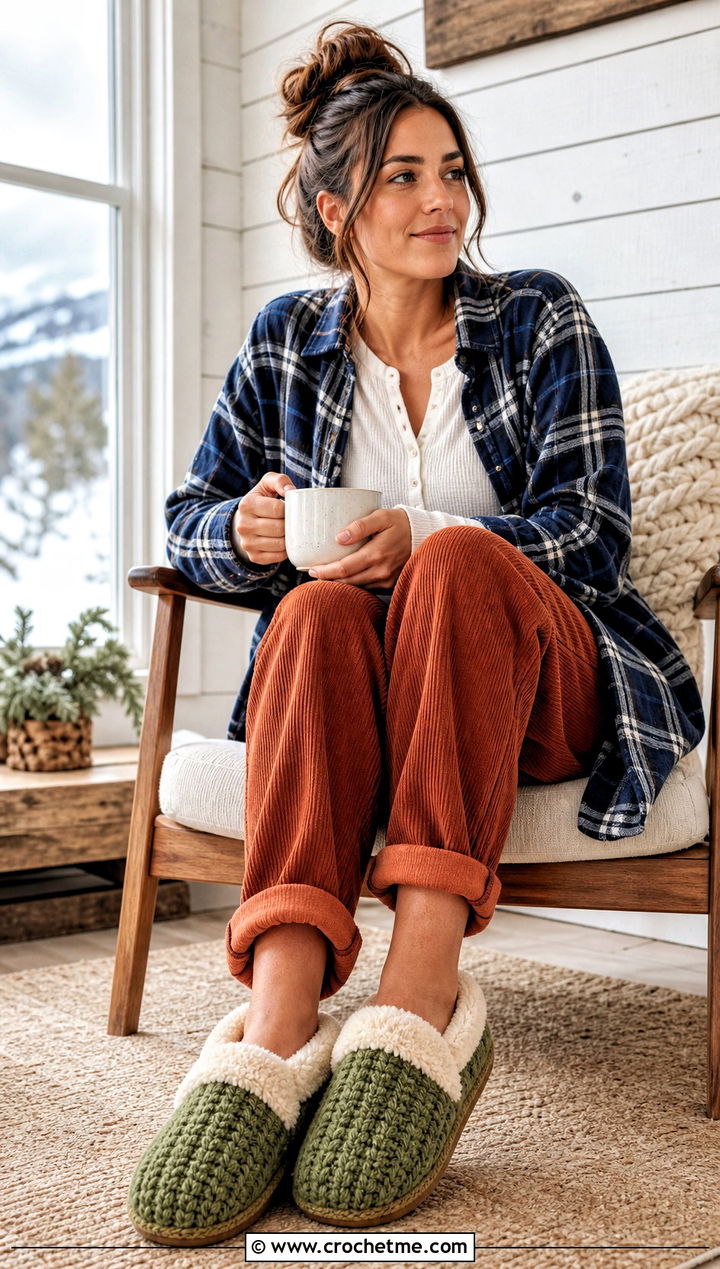 Faux Shearling Lined Crocheted Slippers With Corduroy Pants - 25 Easy Crocheted Slippers outfit ideas