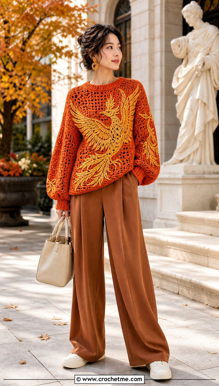 Fawkes Crochet Sweater With Rust Wide Leg Pants - 25 Harry Potter Crochet Sweater outfit ideas