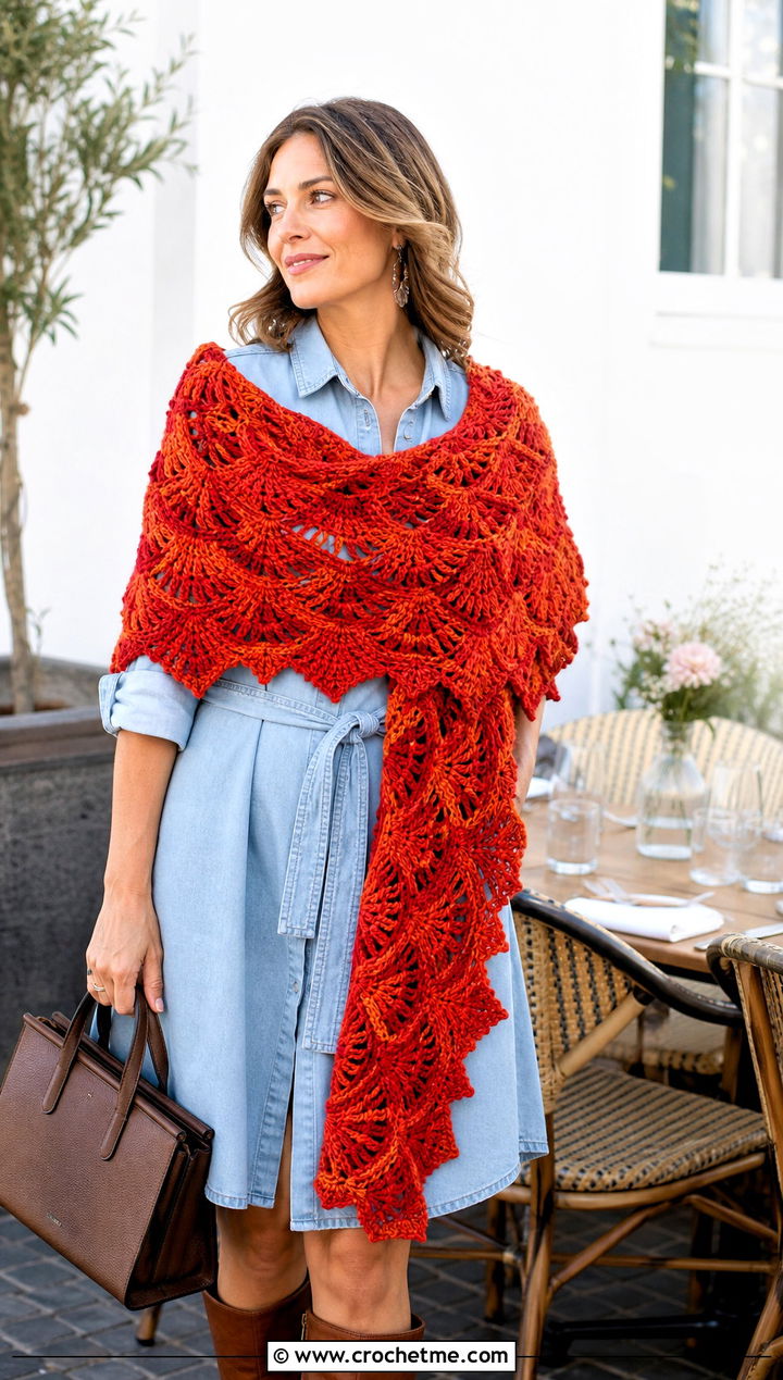 Feather And Fan Stitch Shawl With Shirt Dress - 20 Crochet Fan Stitch Shawl outfit ideas