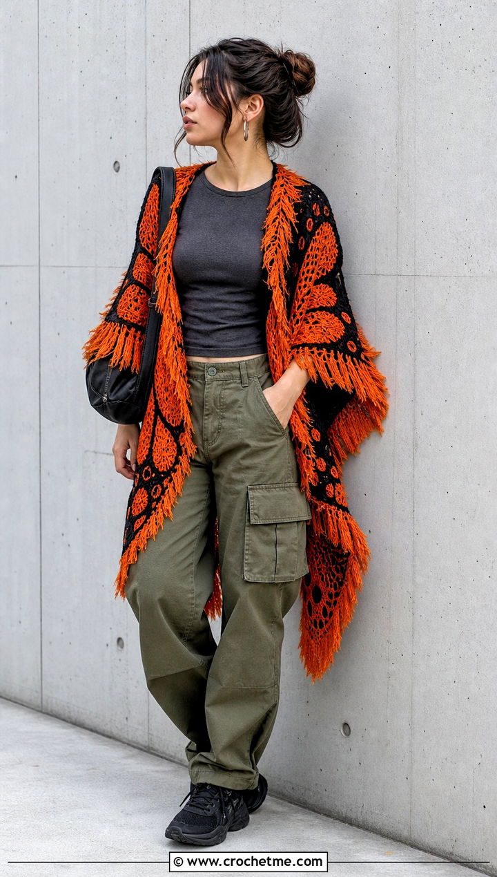 Feather Butterfly Shawl With Cargo Pants - 30 crochet feather shawl outfit ideas