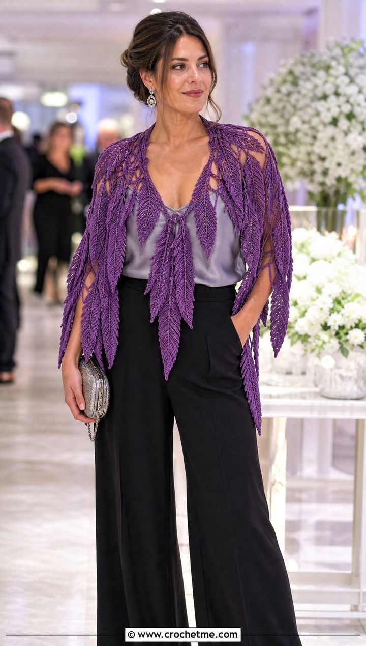Feather Motif Crochet Stole With Evening Separates - 30 crochet feather shawl outfit ideas