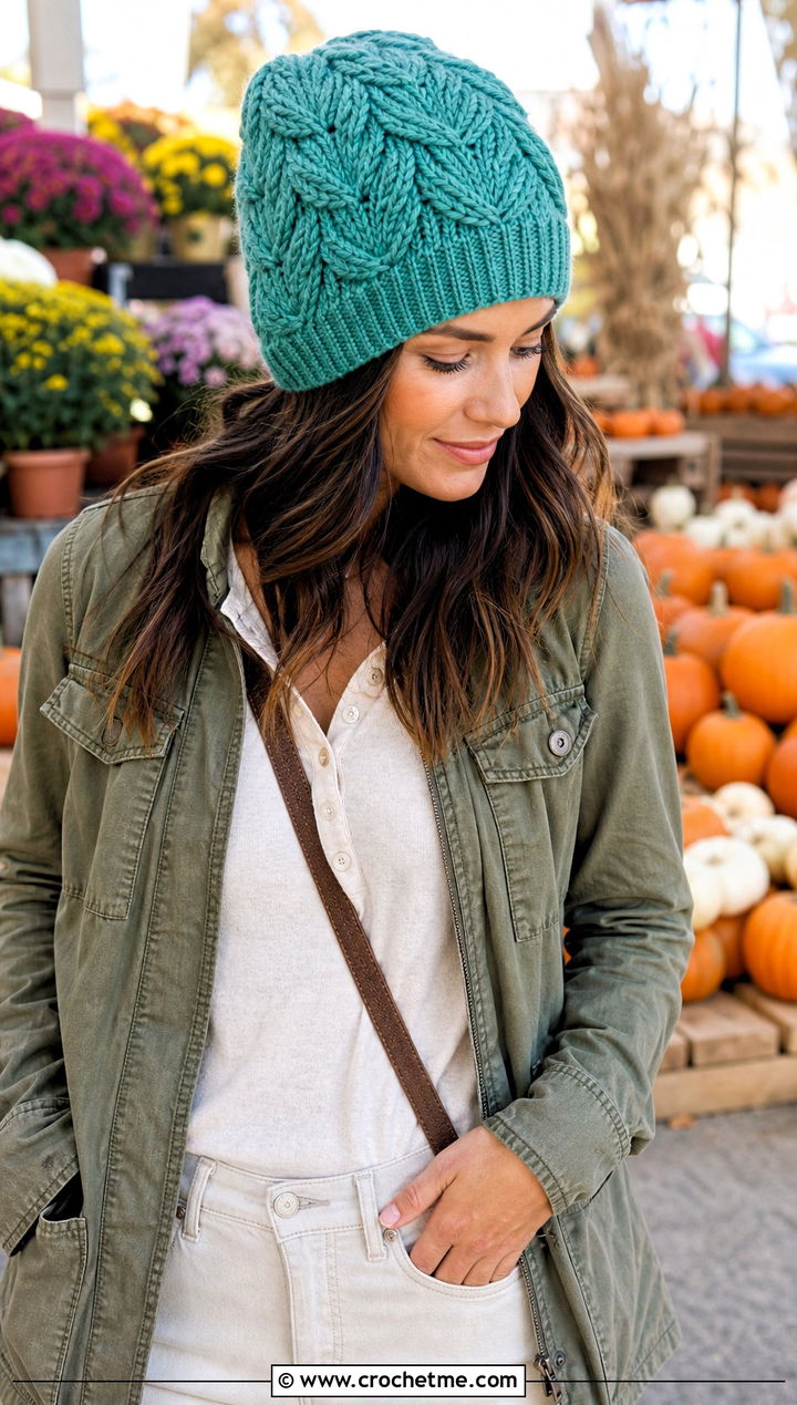 Feather Stitch Crochet Beanie With Utility Jacket - 15 Crochet Textured Beanie outfit ideas