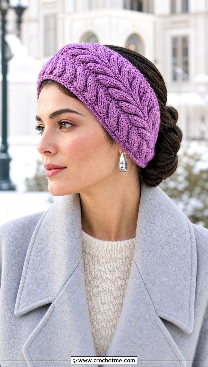 Feather Stitch Crochet Ear Headband With Wrap Coat And Knit Set - 30 crochet ear headband outfit ideas