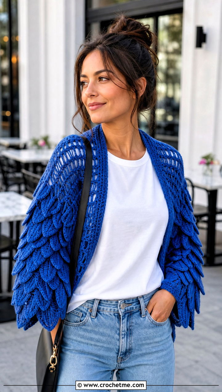 Feather Wing Crochet Shawl With Straight Jeans - 30 crochet feather shawl outfit ideas