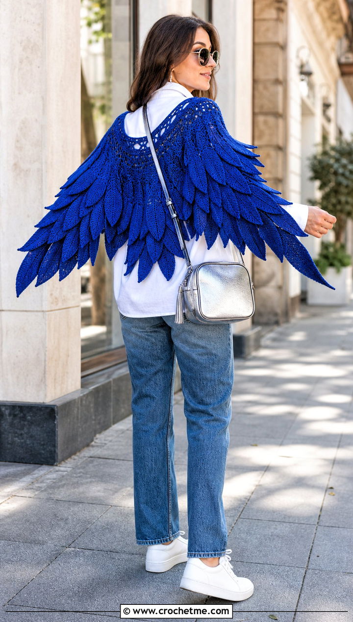 Feather Wing Shawl With White Shirt And Jeans - 30 Crochet Wing Shawl outfit ideas