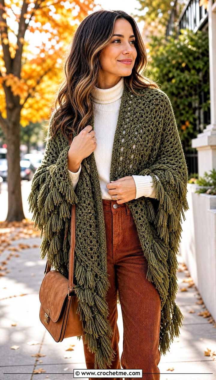 Feathered Fall Crochet Shawl With Corduroy Pants - 30 crochet feather shawl outfit ideas