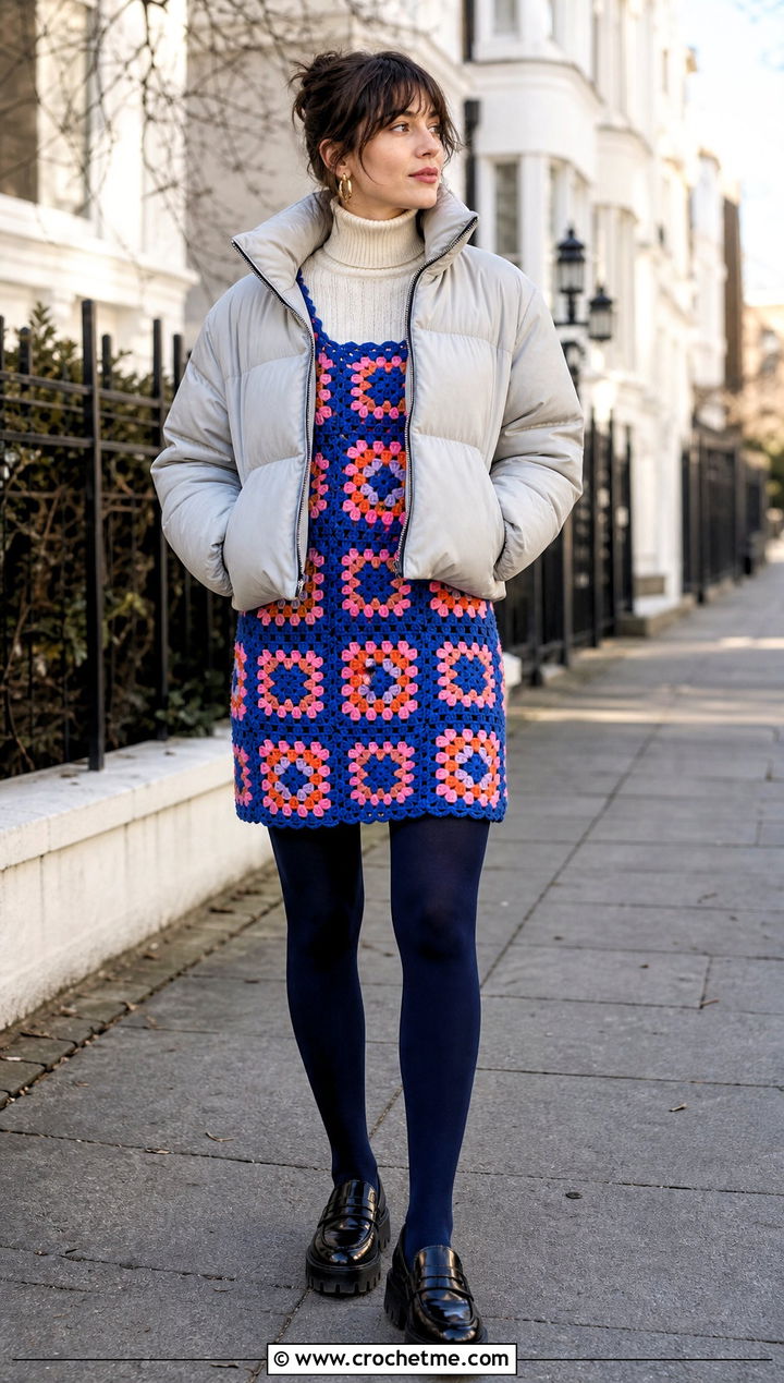 February Granny Square Crochet Jumper Dress With Turtleneck - 15 Crochet Dress 12 Months outfit ideas