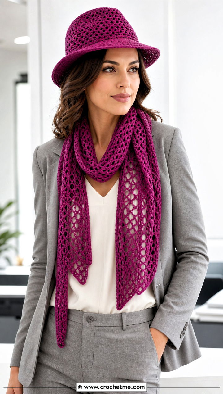 Fedora And Openwork Scarf With Pantsuit - 30 crochet hat and scarf outfit ideas