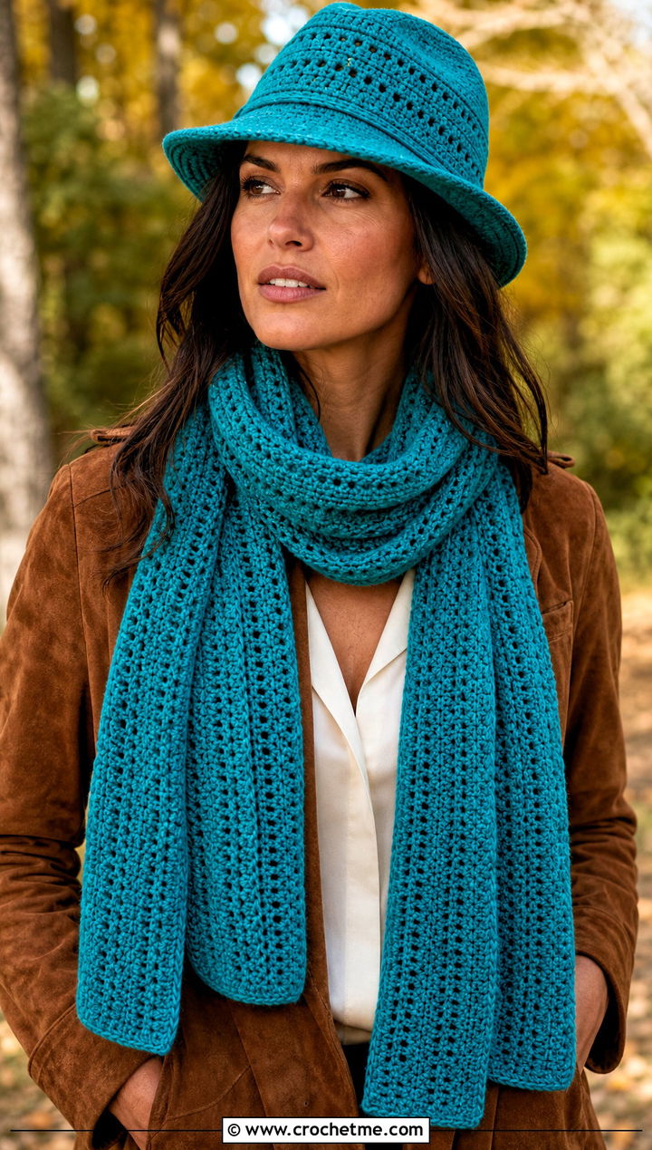 Fedora And Wrap Scarf Set With Suede Jacket - 25 Crochet Scarf And Hat Set outfit ideas