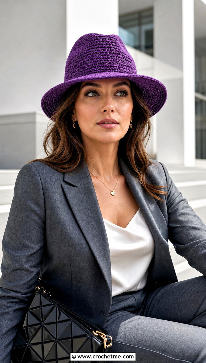 Fedora Half Double Crochet Hat With Pantsuit And Camisole - 30 Half Double Crochet Hat outfit ideas