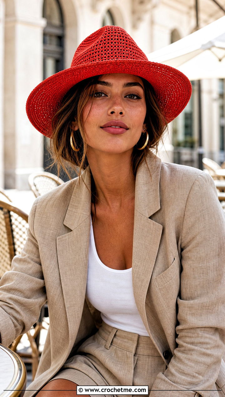 Fedora Style Crochet Sun Hat With Blazer And Tailored Shorts - 25 Easy Crochet Sun Hat outfit ideas