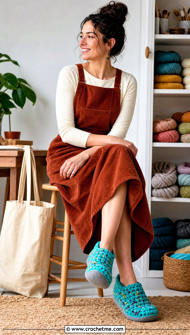 Felt Sole Chunky Yarn Crochet Slippers With Apron Dress - 15 Crochet Slippers Chunky Yarn outfit ideas