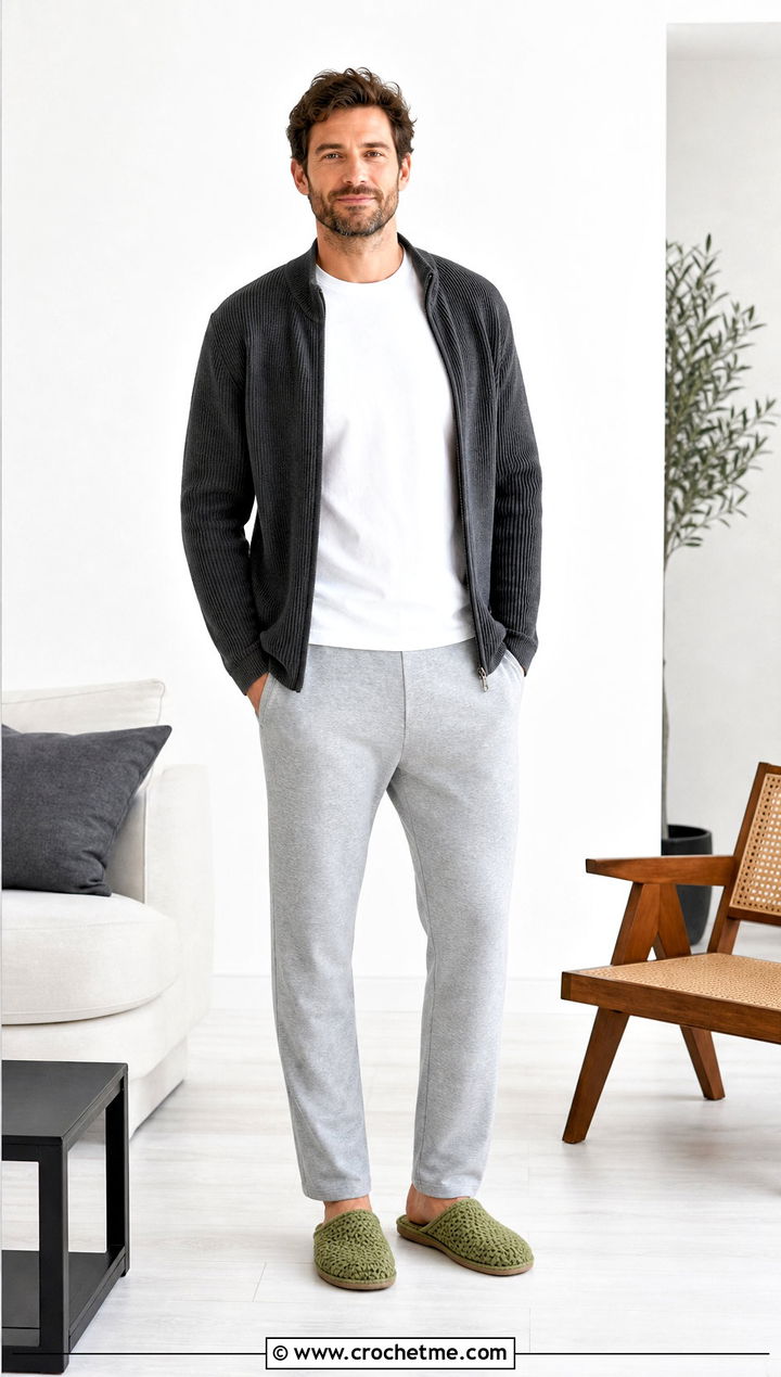 Felt Sole Crochet Mens Slippers With a Minimalist Outfit - 30 crochet men's slippers outfit ideas