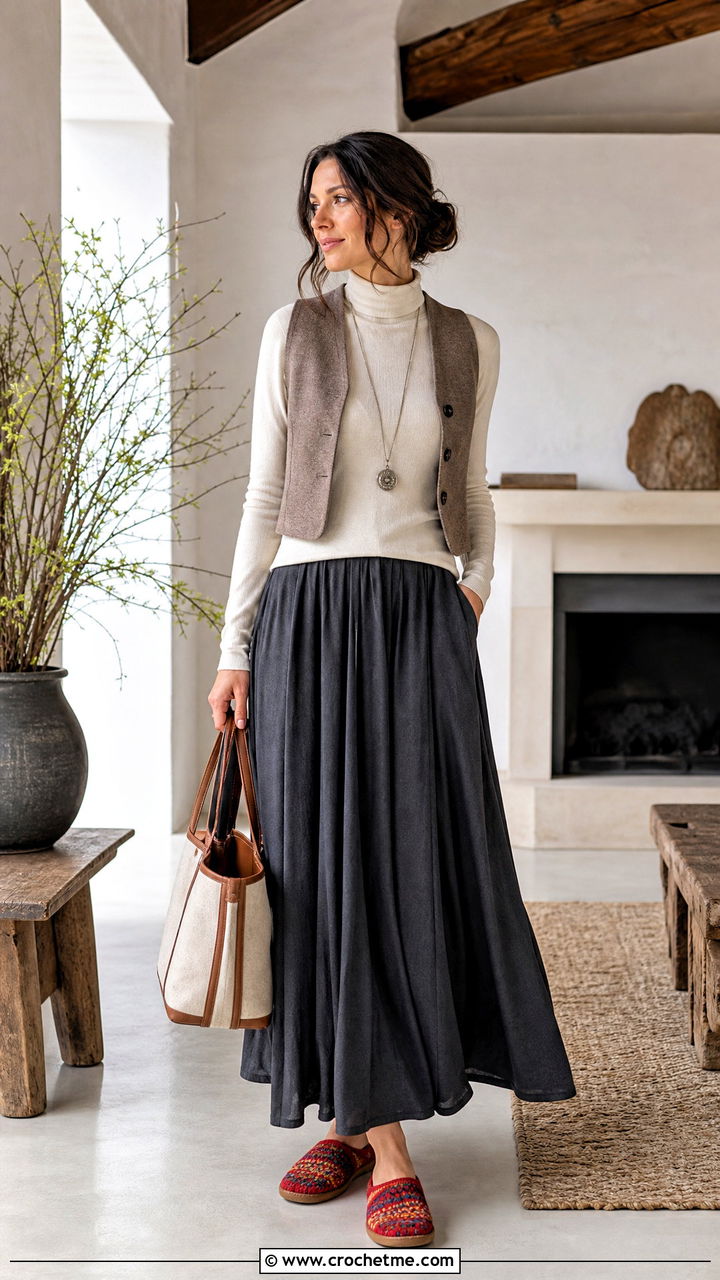 Felt Sole Crochet Slippers With A Turtleneck And Maxi Skirt - 35 crochet slipper outfit ideas