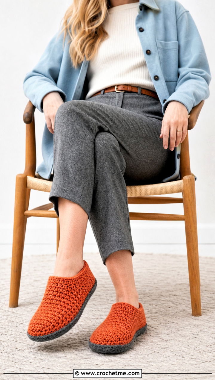 Felt Sole Crochet Slippers With Wool Trousers - 25 Quick Crochet Slippers outfit ideas