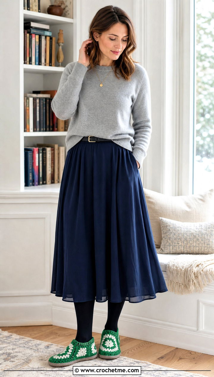 Felt Sole Granny Square Slippers With Sweater And Midi Skirt - 35 granny square slippers outfit ideas
