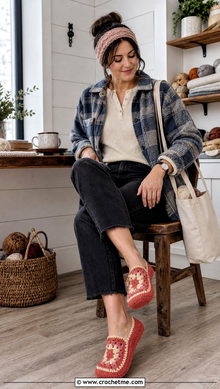 Felt Soled Granny Square Slippers With Shacket And Jeans - 25 Crochet Granny Square Slippers outfit ideas