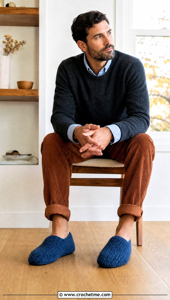 Felted Crochet Mens Slippers With Corduroy Pants - 15 Easy Crochet Mens Slippers outfit ideas