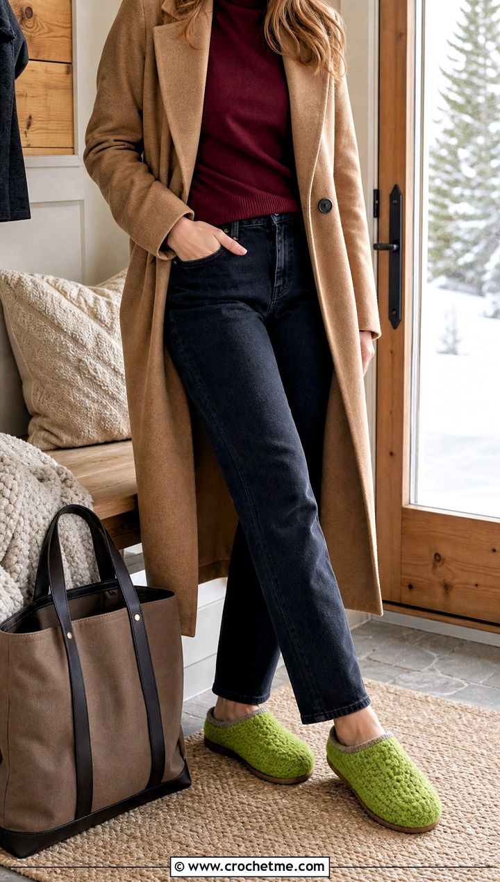 Felted Crochet Slippers With A Wool Coat And Jeans - 25 crochet winter slippers outfit ideas