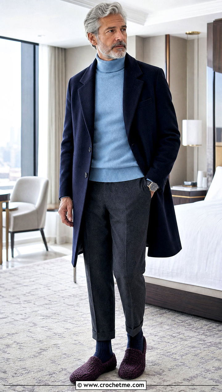 Felted Crochet Slippers With Overcoat and Wool Trousers - 35 mens crochet slippers outfit ideas