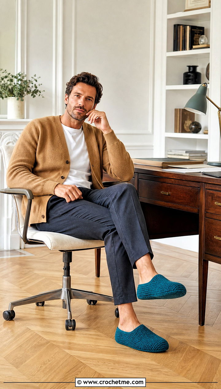 Felted Crochet Slippers With Tailored Trousers - 25 crochet slippers for men outfit ideas