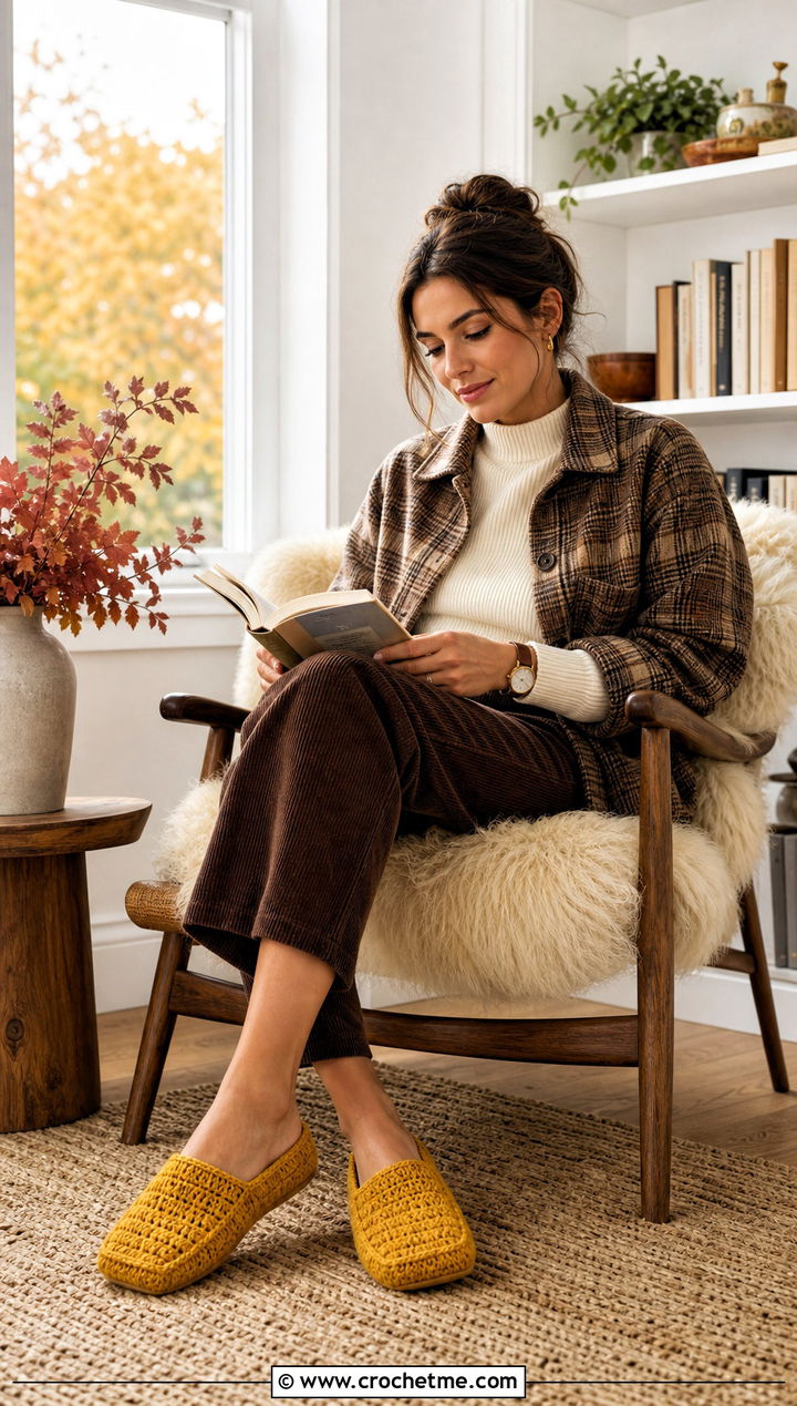 Felted Rectangle Crochet Slippers With Corduroy Pants - 20 Easy Crochet Slippers From A Rectangle outfit ideas