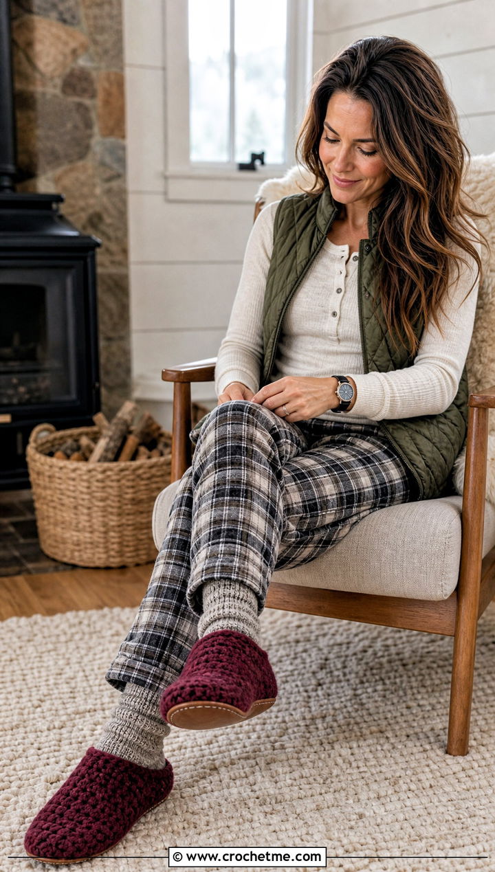 Felted Wool Crochet Slippers With Flannel Pants And Henley Top - 25 Quick And Easy Crochet Slippers outfit ideas