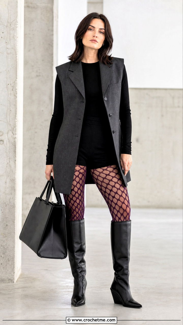 Fencenet Crochet Stockings With Longline Vest - 35 crochet fishnet stockings outfit ideas