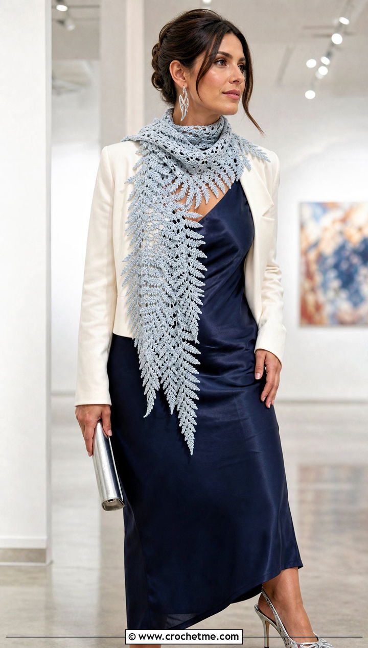 Fern Leaf Scarf With Satin Slip Dress - 25 crochet leaf scarf outfit ideas