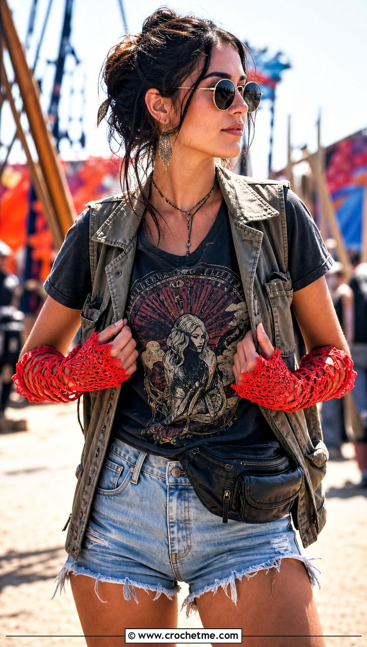 Festival Lace Crochet Gauntlet Gloves With Graphic Tee - 25 Lace Crochet Fingerless Gloves outfit ideas