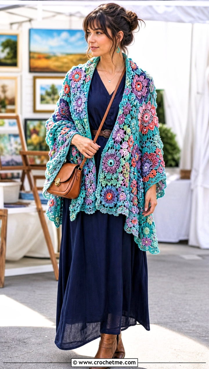 Festival Of Flowers Shawl With Maxi Dress - 15 Crochet Flower Shawl outfit ideas