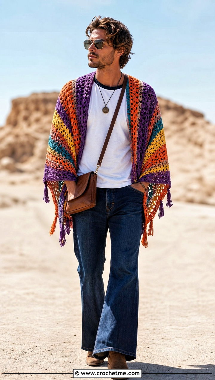 Festival Stripe Crochet Poncho With Flared Jeans - 30 men crochet poncho outfit ideas